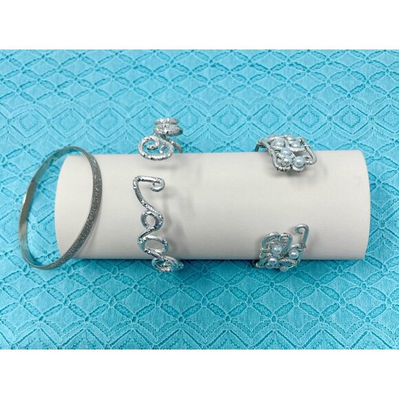 Three Bracelets - Wire Wrapped Green Stone, Light Blue Pearls, & Sparkly Bangle - Picture 2 of 5